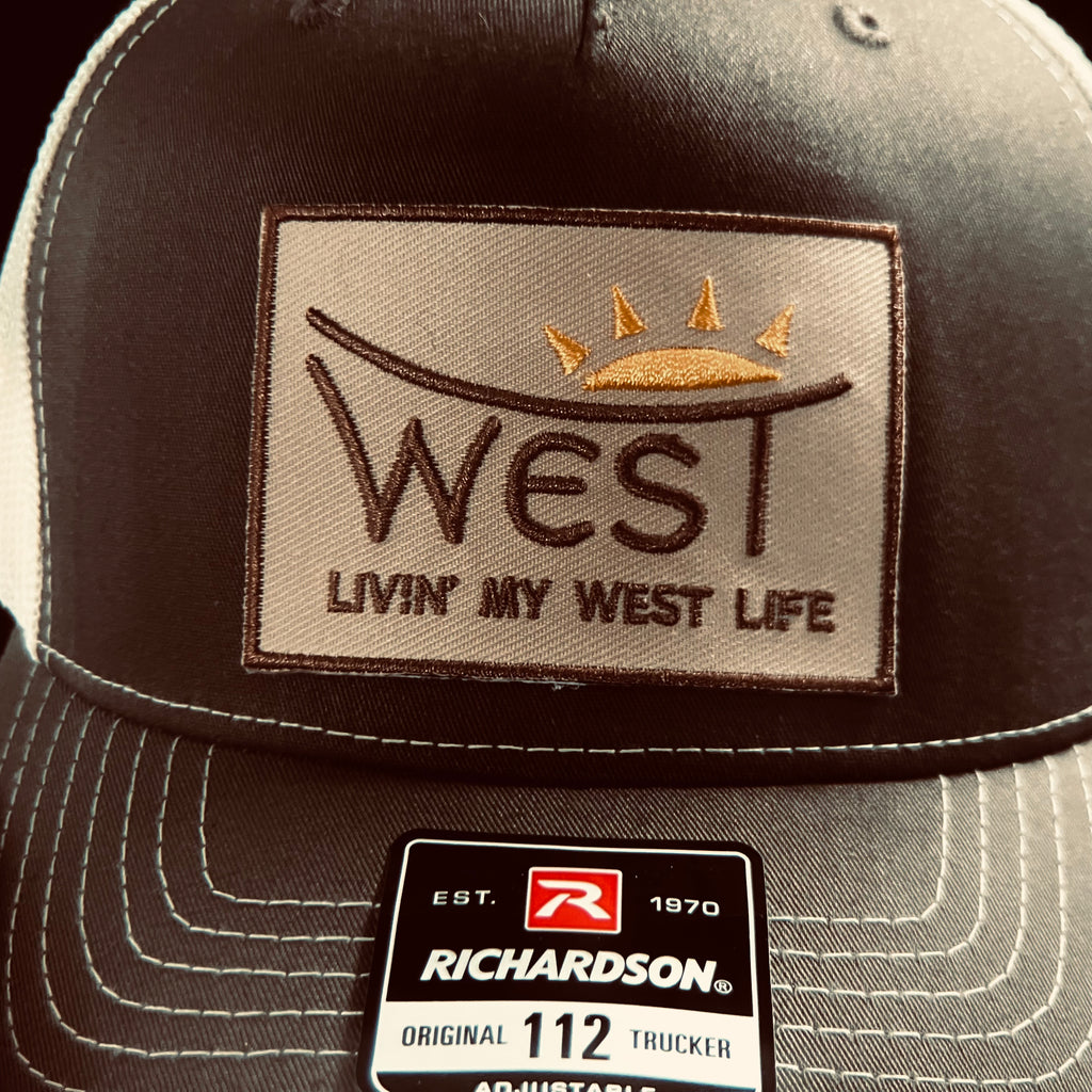 LIVIN' MY WEST LIFE SUNBURST HAT: Richardson 112 Trucker, Brown/Khaki