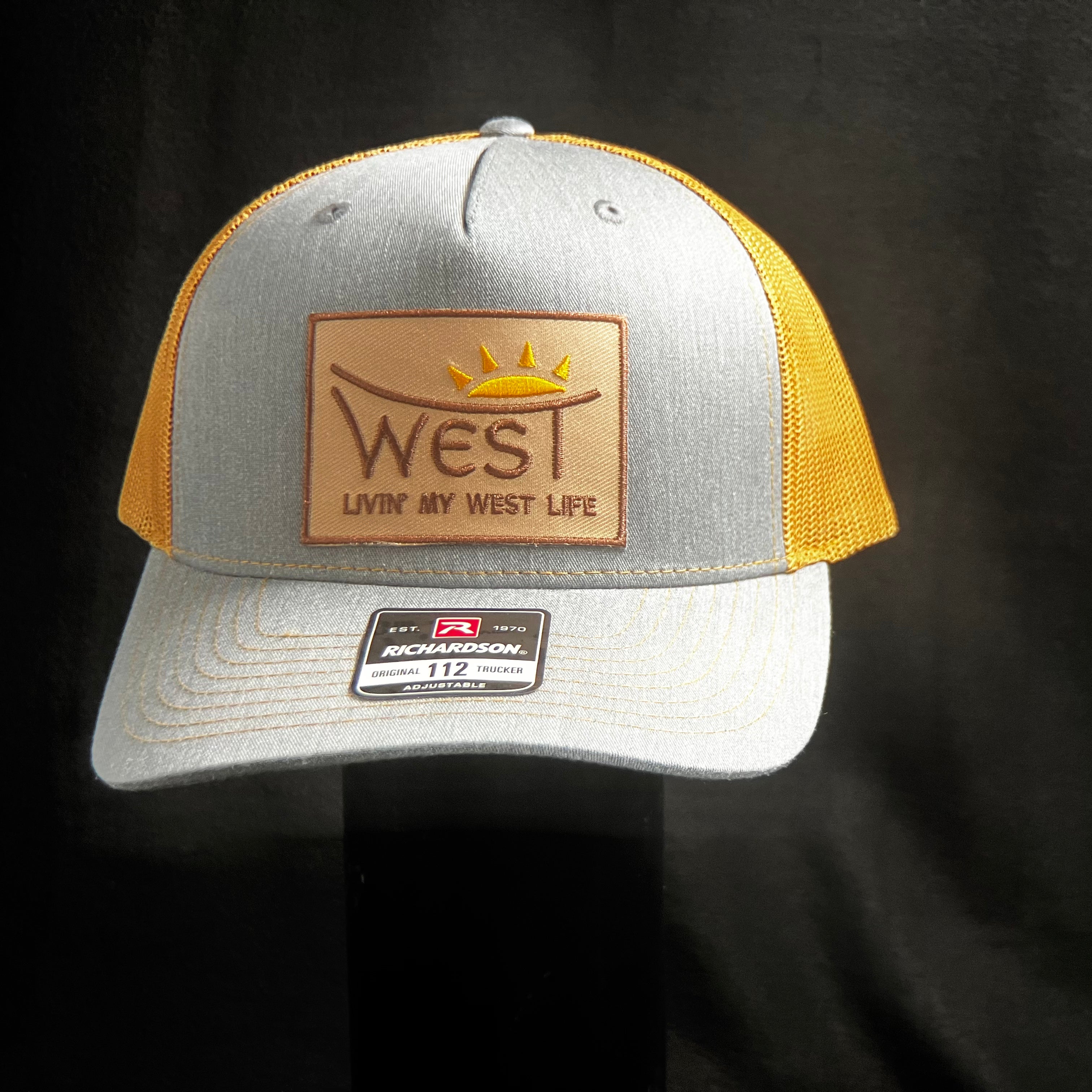 LIVIN' MY WEST LIFE SUNBURST HAT: Richardson 112 Trucker Hat in Grey/Gold