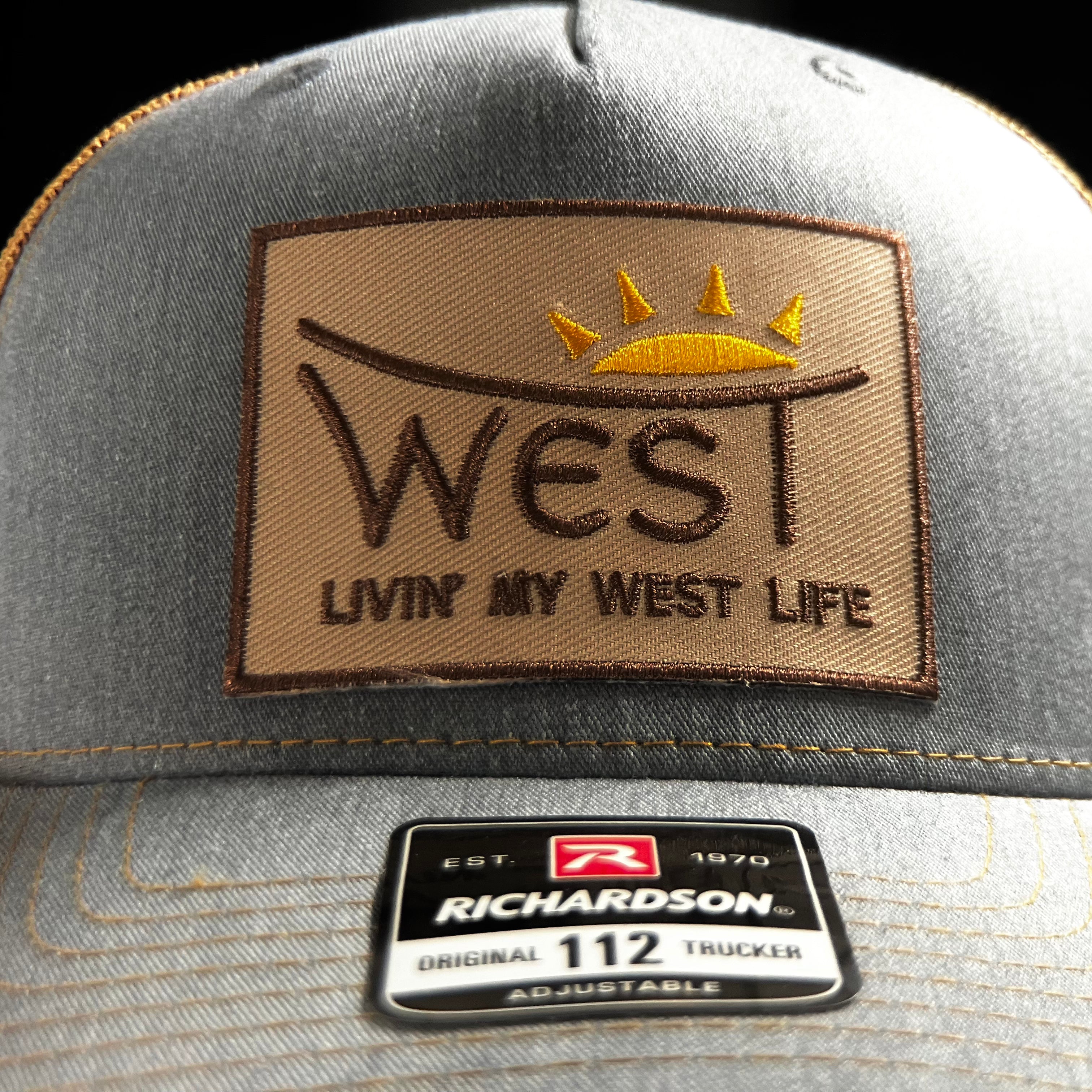 LIVIN' MY WEST LIFE SUNBURST HAT: Richardson 112 Trucker Hat in Grey/Gold