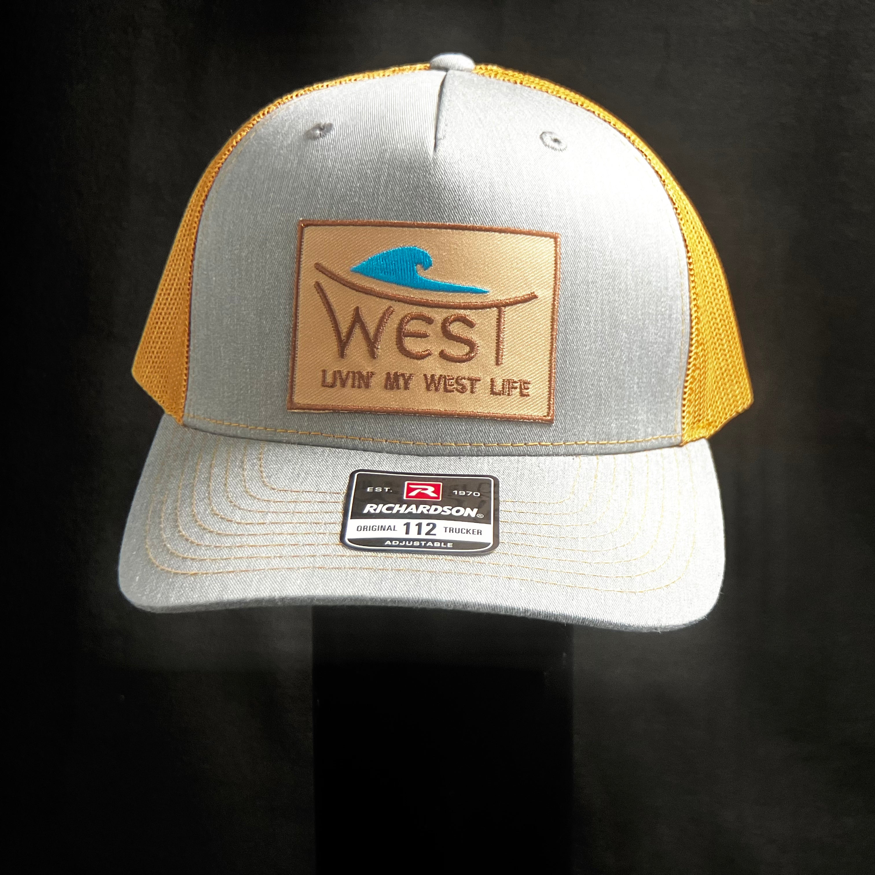 LIVIN' MY WEST LIFE WAVE HAT: Richardson 112 Trucker Hat in Grey/Gold