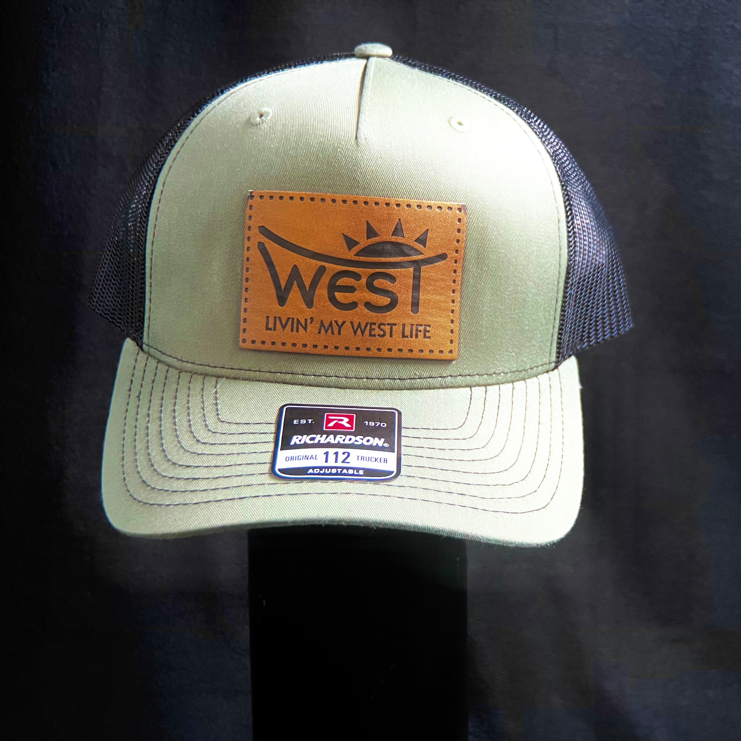 LIVIN' MY WEST LIFE LEATHER PATCH SUNBURST HAT: Richardson 112 Trucker, Green/Black